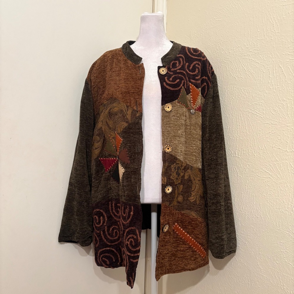 Patchwork Chenille Brown Jacket Earth Tones Rustic Fall Whimsigoth Artsy 2X